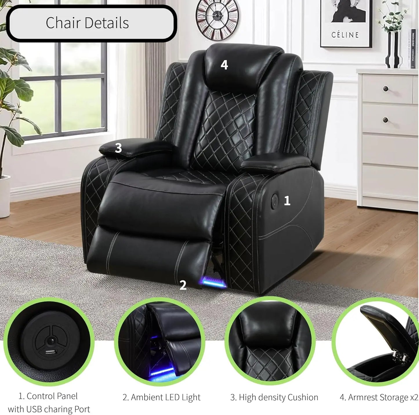 Power Recliner Sofa Sectional With LED Light And Air Leather