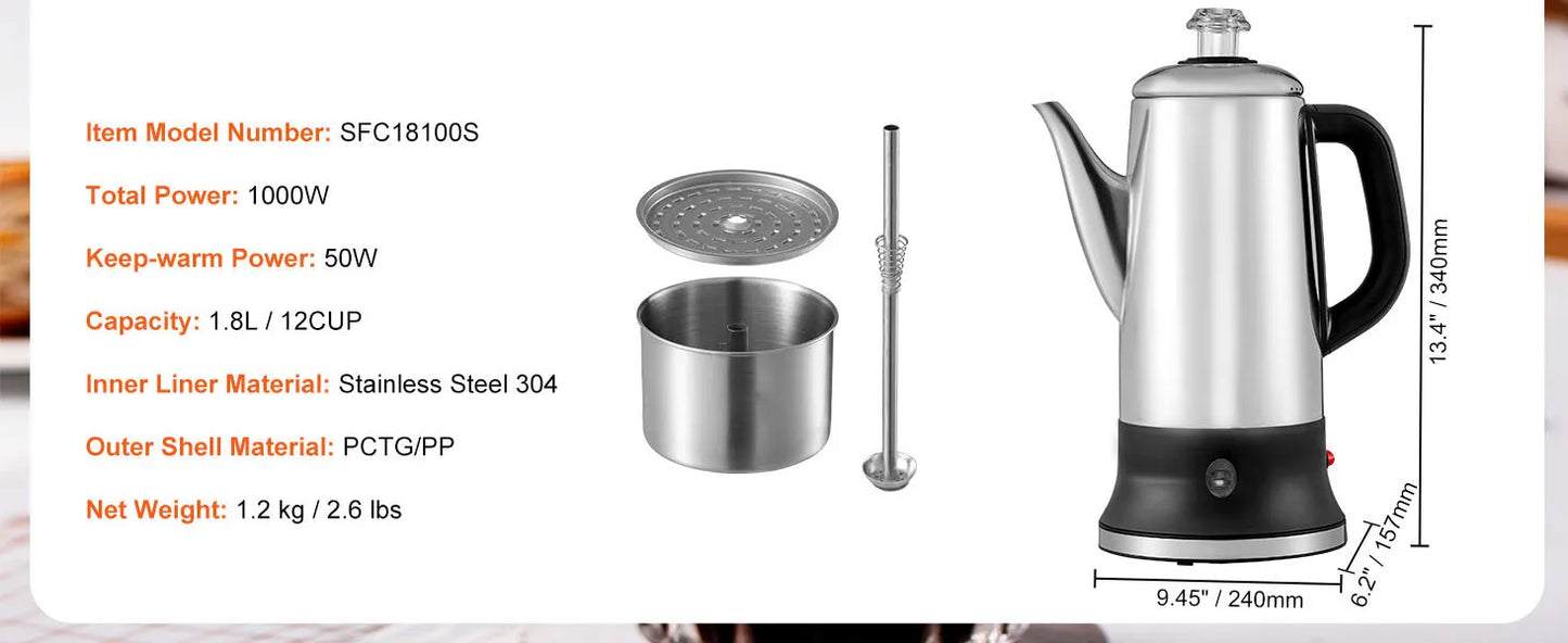 SucceBuy Electric Percolator Coffee Pot Stainless Steel