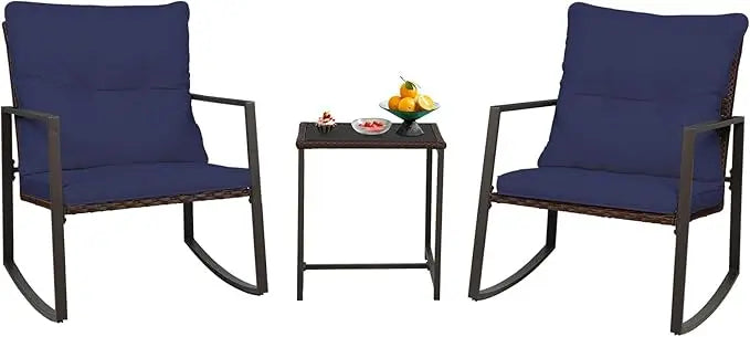 3-Piece Patio Bistro Set With Glass Coffee Table And Wicker Rocking Chairs