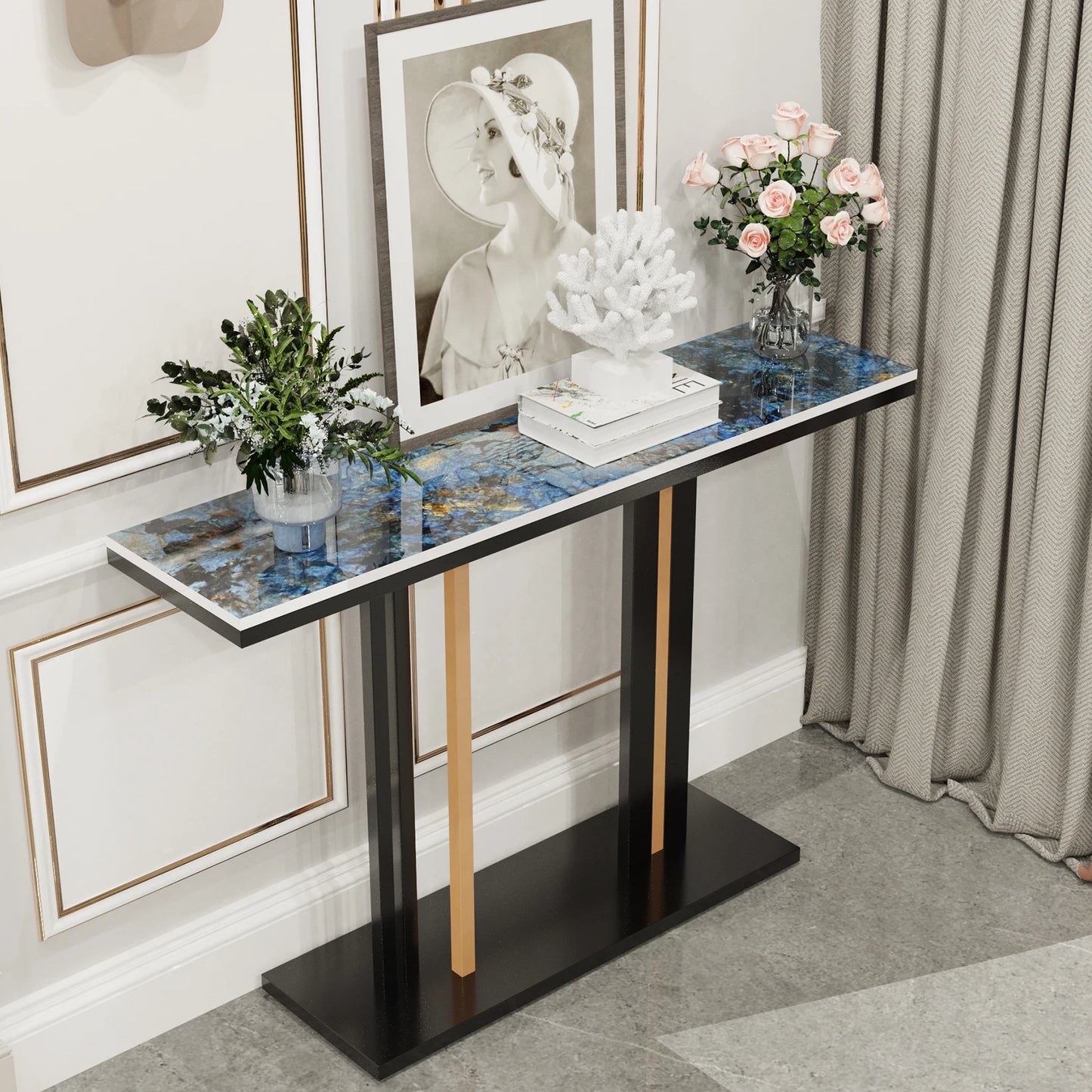 BINGOPAW Contemporary Console Table With Stone Top And Pedestal