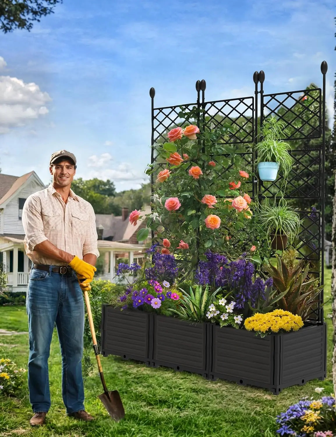 TWISTER.CK Plastic Planter Box With Trellis Raised Garden Bed