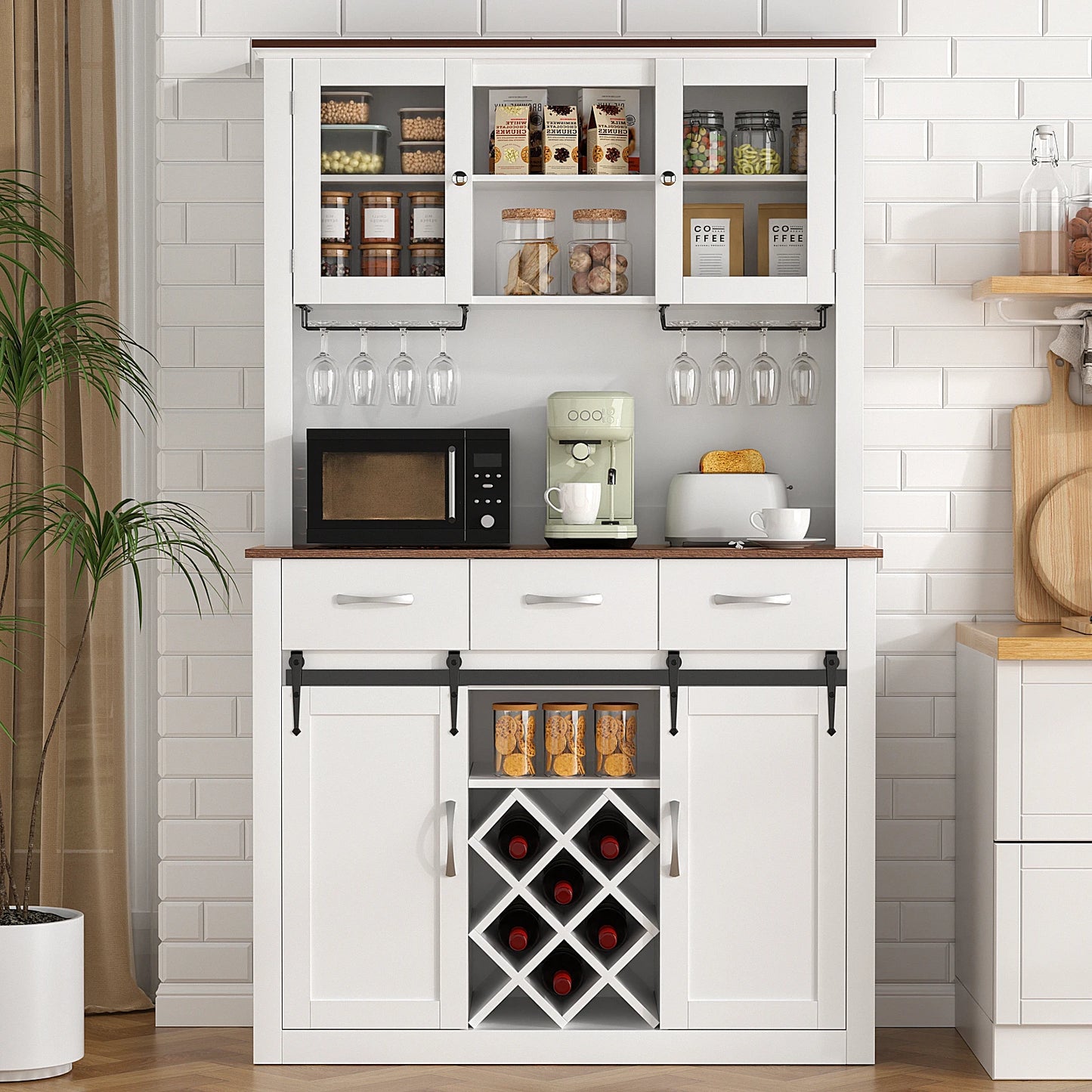 VOWNER Farmhouse Bar Cabinet With Sliding Barn Doors And Wine Glass Racks