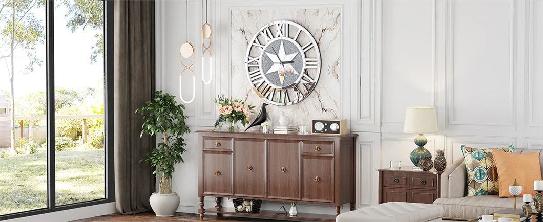 Large Mirrored Round Wall Clock With Beveled Roman Numerals