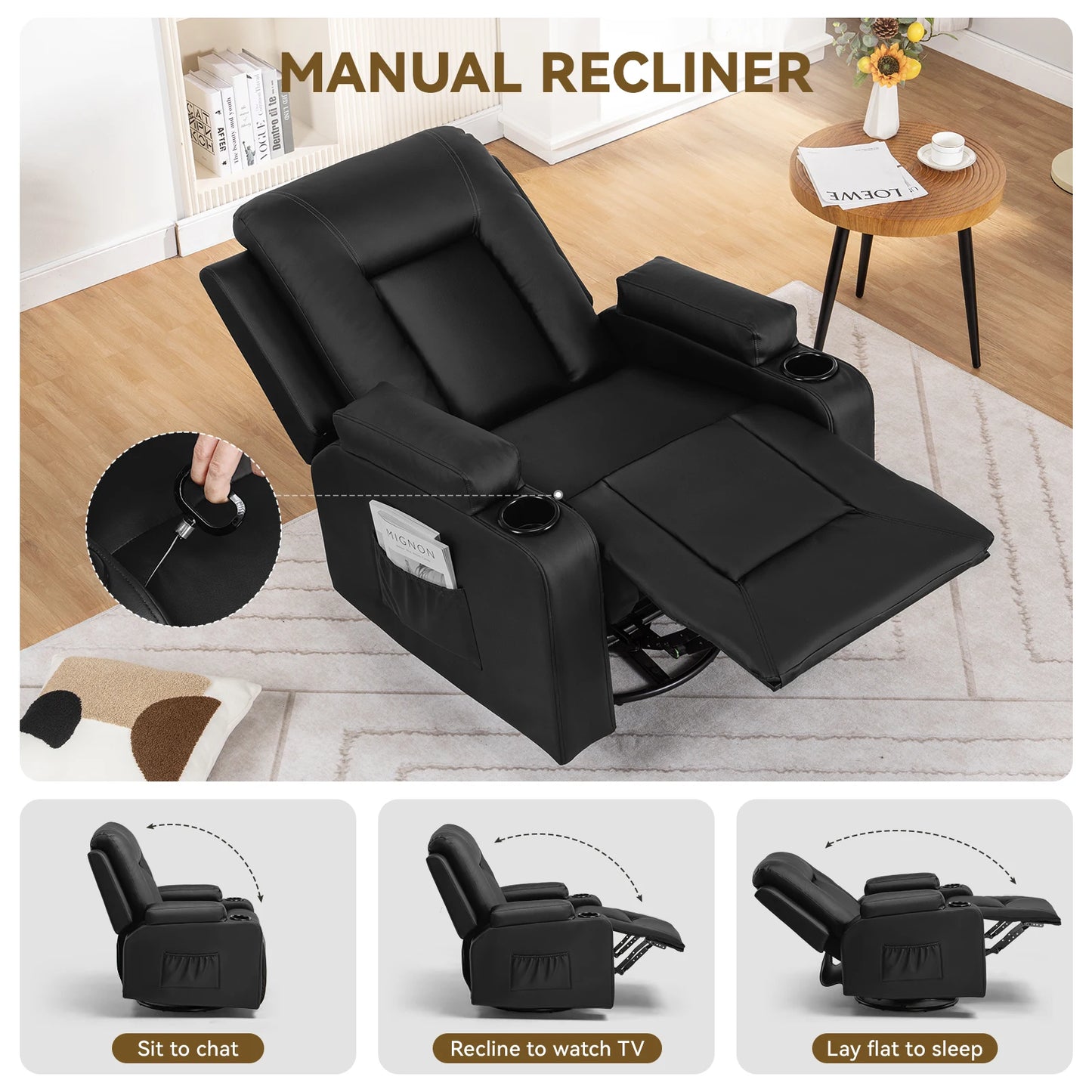 Comhoma PU Leather Recliner Chair With Cup Holders And Pockets