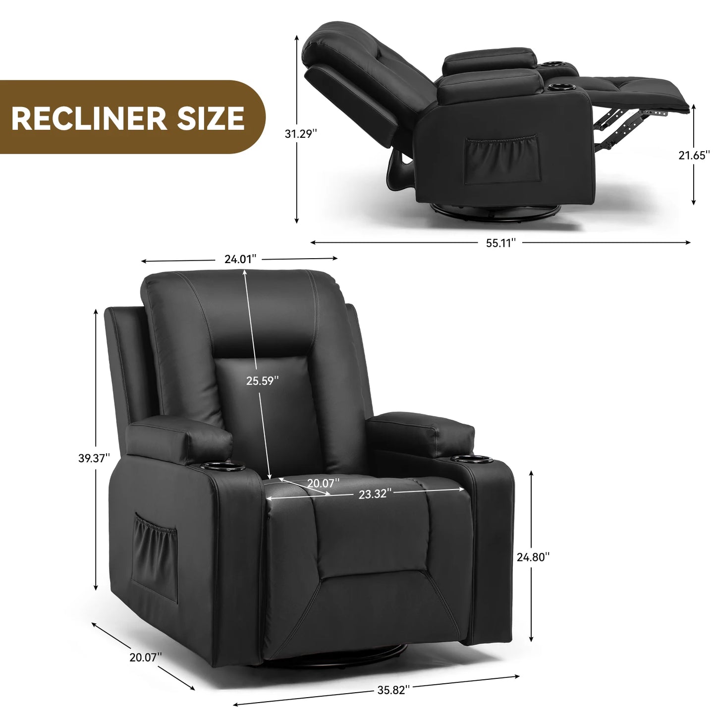 Comhoma PU Leather Recliner Chair With Cup Holders And Pockets