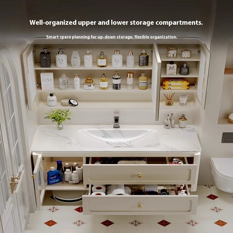 Luxurious Solid Wood Wall Mounted Bathroom Dressing Table Drawer Storage