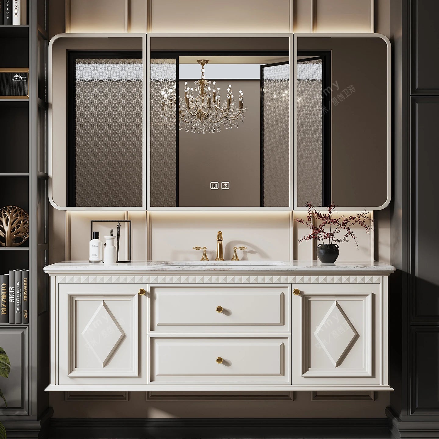 Luxurious Solid Wood Wall Mounted Bathroom Dressing Table Drawer Storage