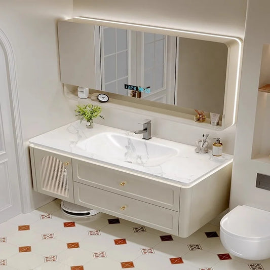 Luxurious Solid Wood Wall Mounted Bathroom Dressing Table Drawer Storage