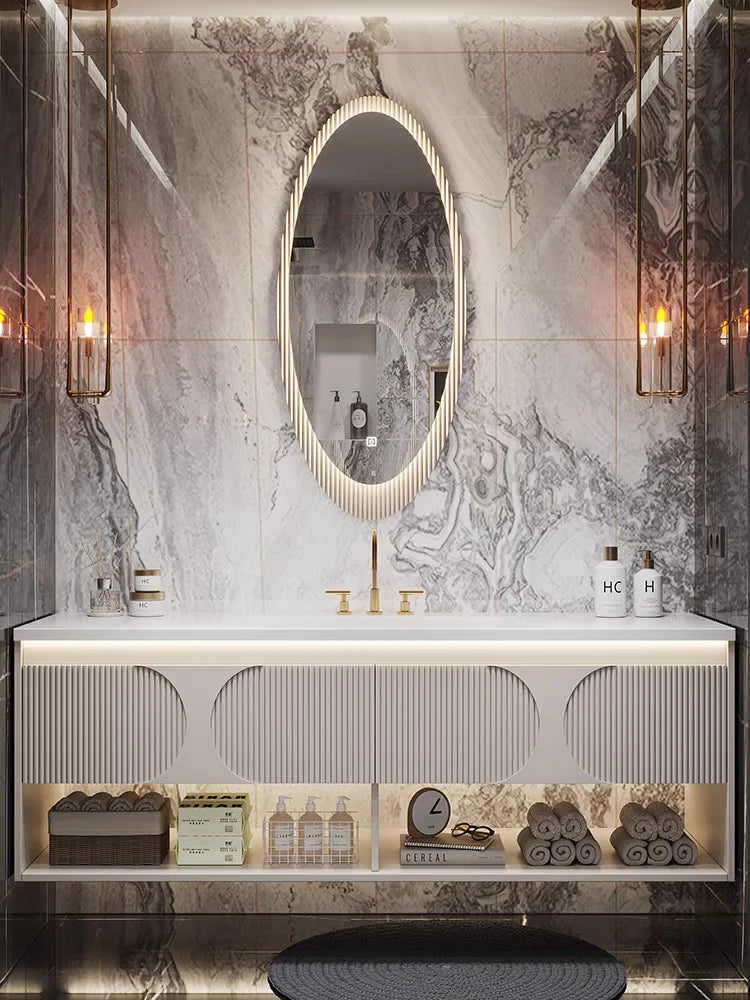 Luxurious Solid Wood Wall Mounted Bathroom Dressing Table Drawer Storage