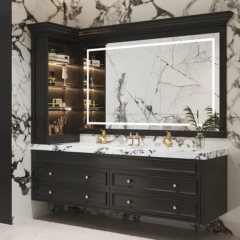 Luxurious Solid Wood Wall Mounted Bathroom Dressing Table Drawer Storage