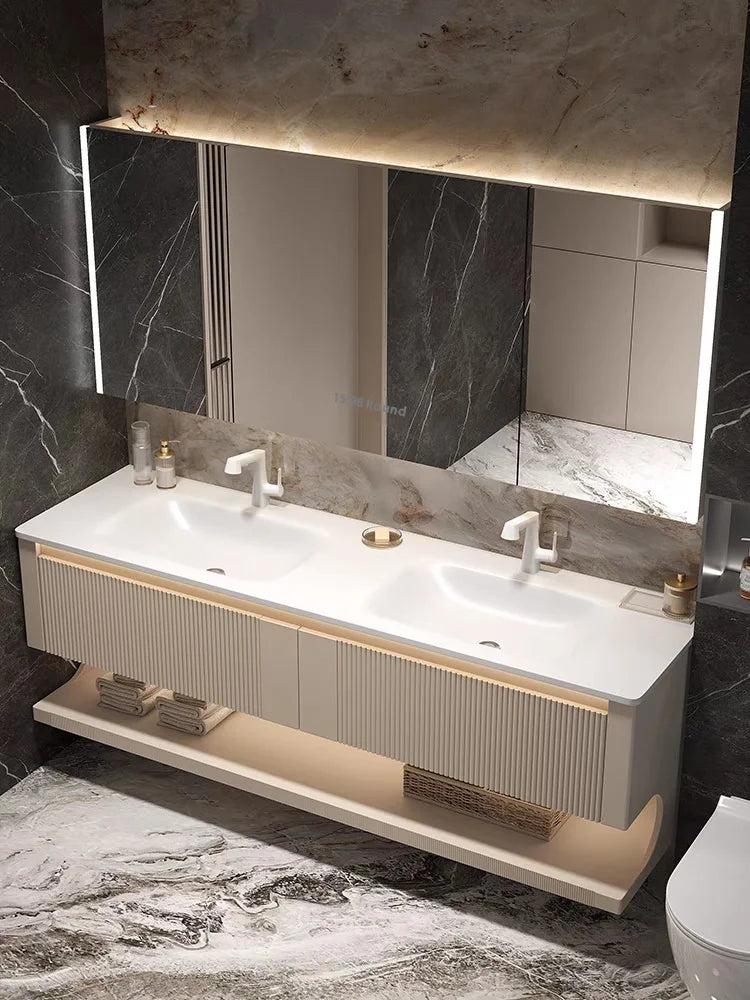 Luxurious Solid Wood Wall Mounted Bathroom Dressing Table Drawer Storage