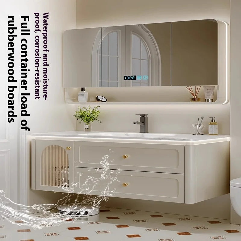 Luxurious Solid Wood Wall Mounted Bathroom Dressing Table Drawer Storage
