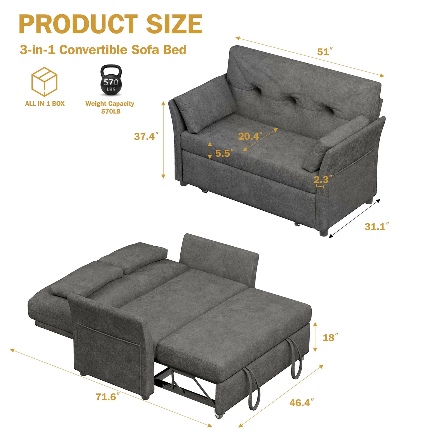 3-In-1 Convertible Sofa Bed With Pull-Out Loveseat And Backrest