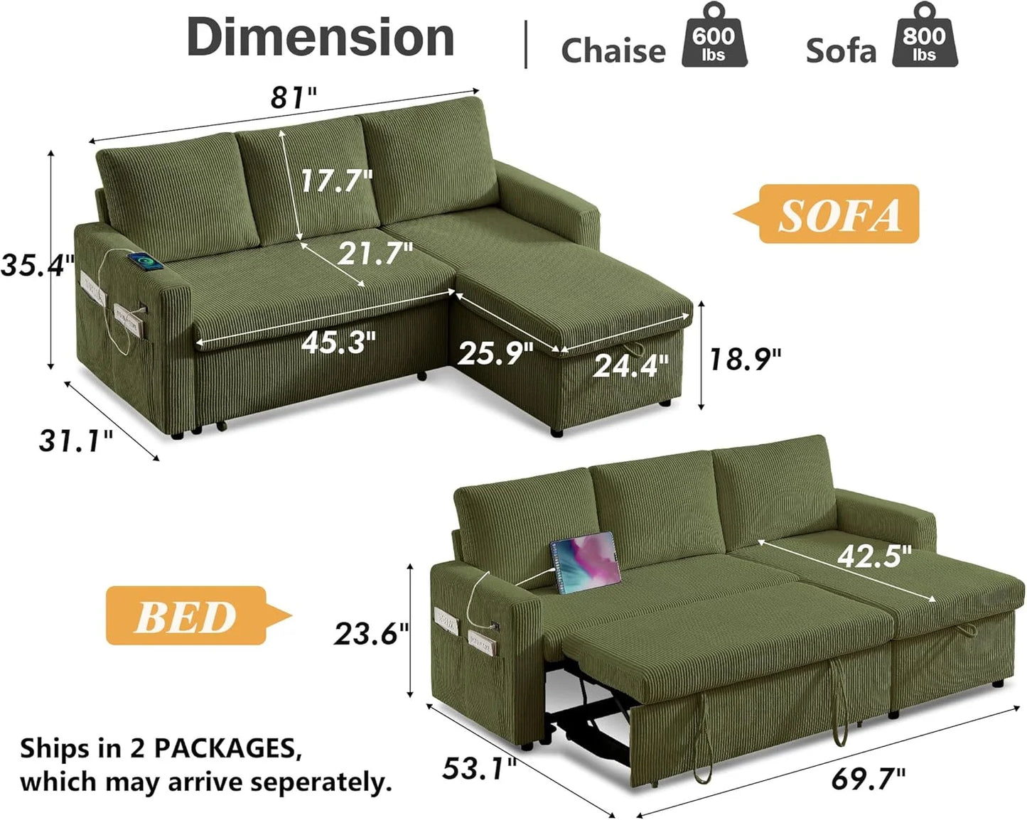 3-In-1 Convertible Sofa Bed With Pull-Out Loveseat And Backrest