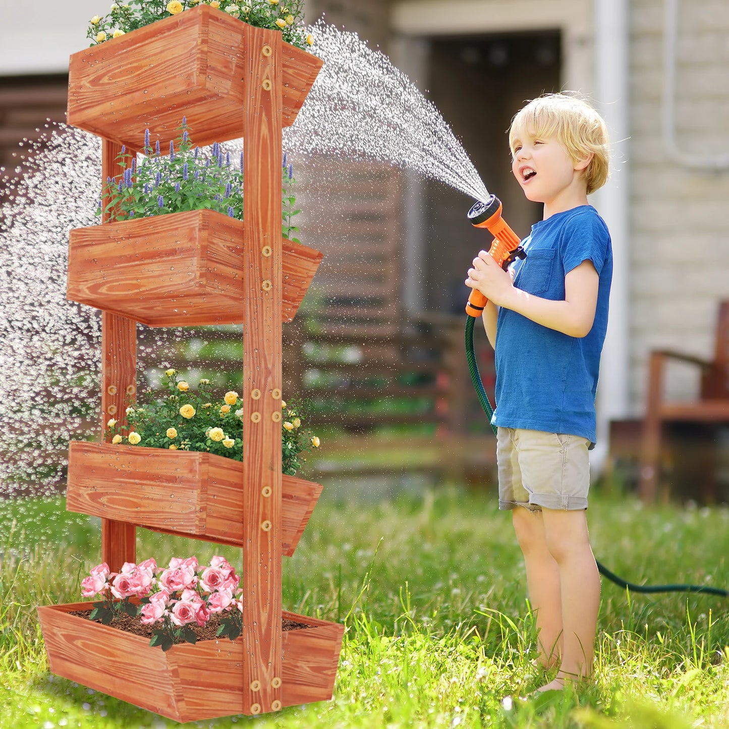 Wooden 4-Tier Raised Garden Bed With Vertical Planter Rack