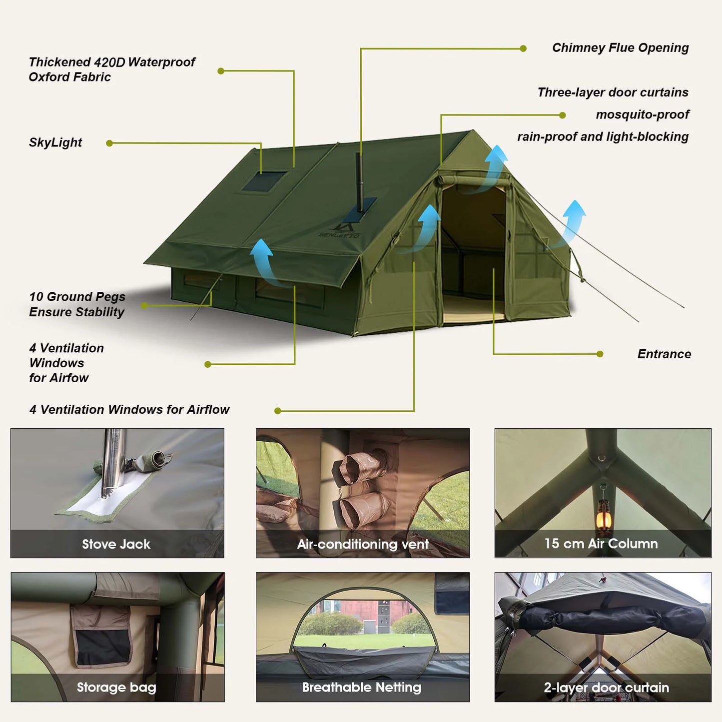 Inflatable Camping Tent With Chimney Opening Waterproof Oxford Fabric