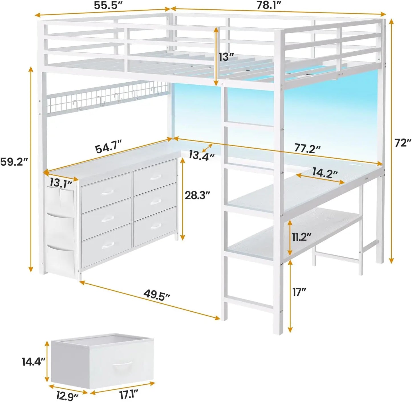 XMSJ Loft Bed With U Shaped Desk And Storage Shelves