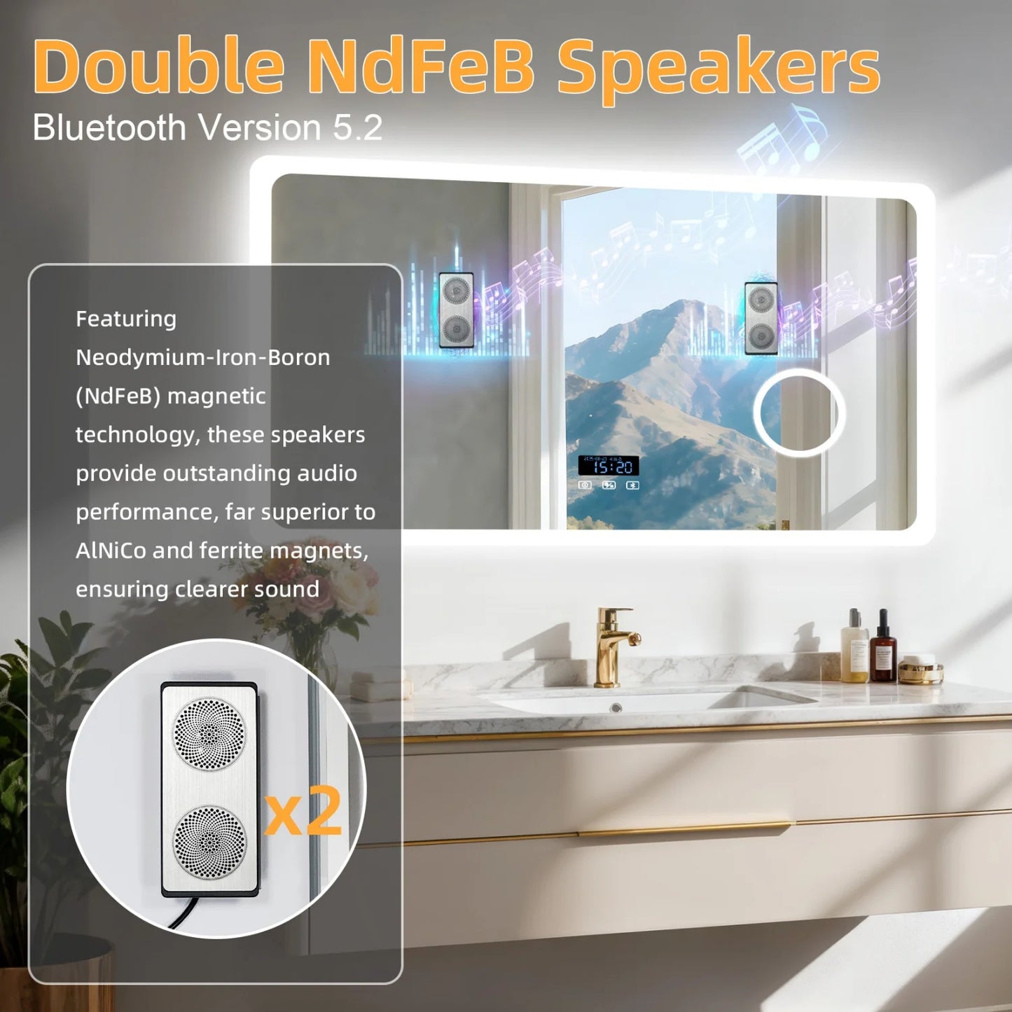 LED Bathroom Mirror With Bluetooth Dimmable Backlit 3X Magnifier Display