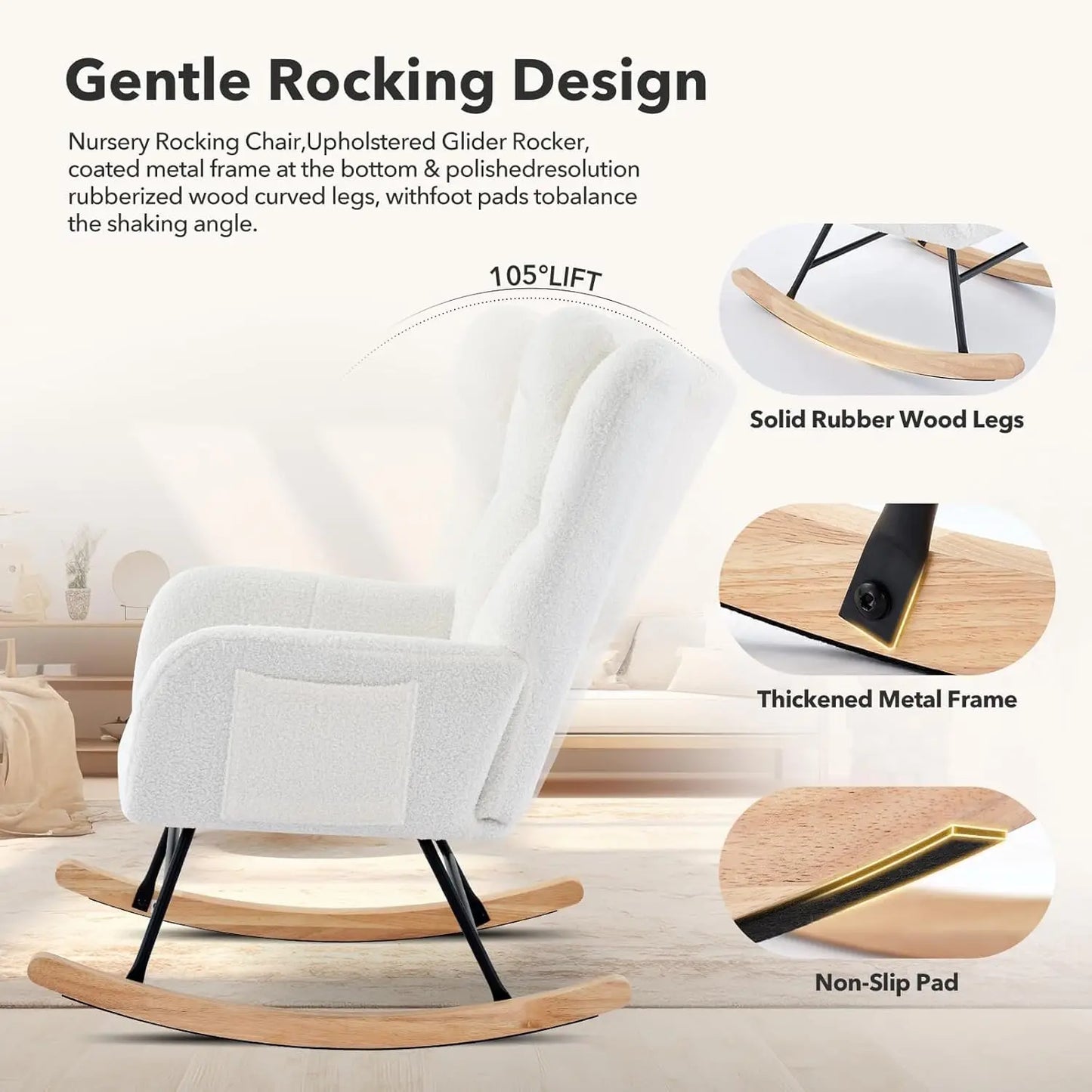 Studyset Modern Upholstered Rocking Chair With Side Pocket
