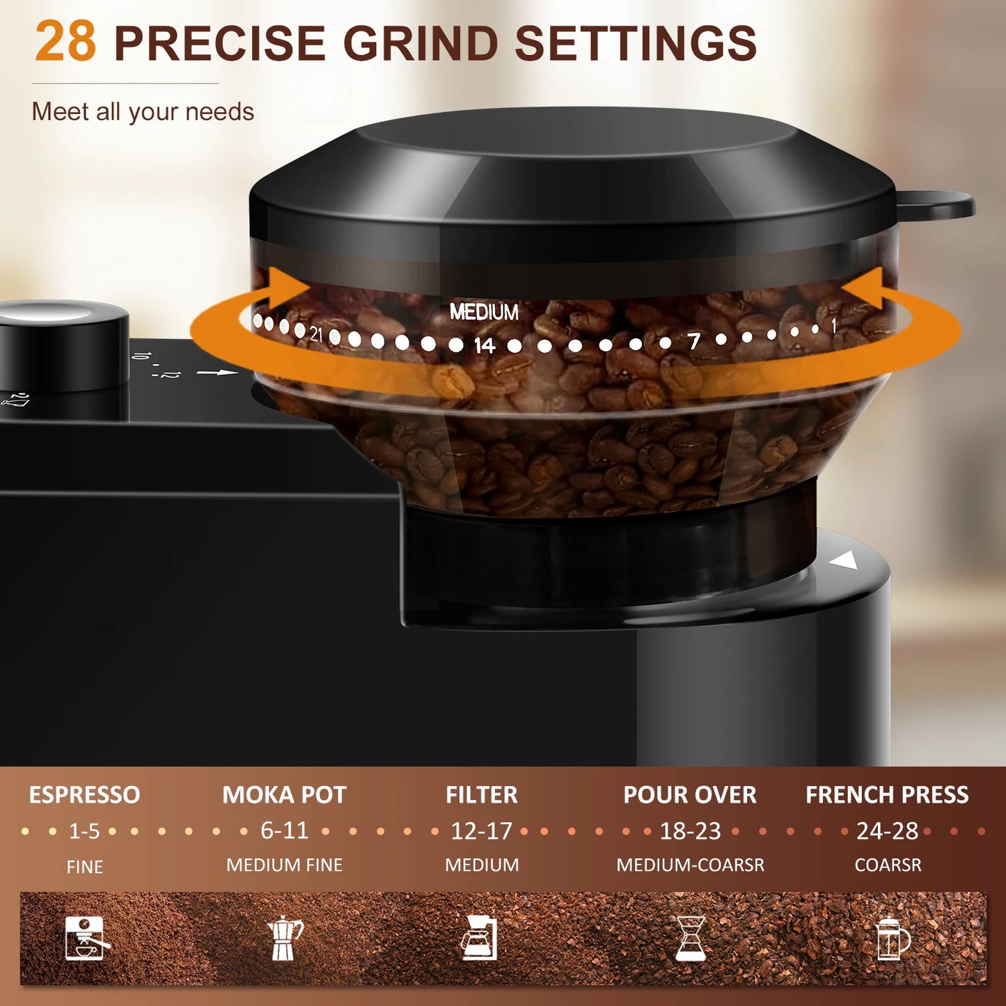 KIRAINAFLY Automatic Burr Mill Coffee Grinder 28 Adjustable Gears