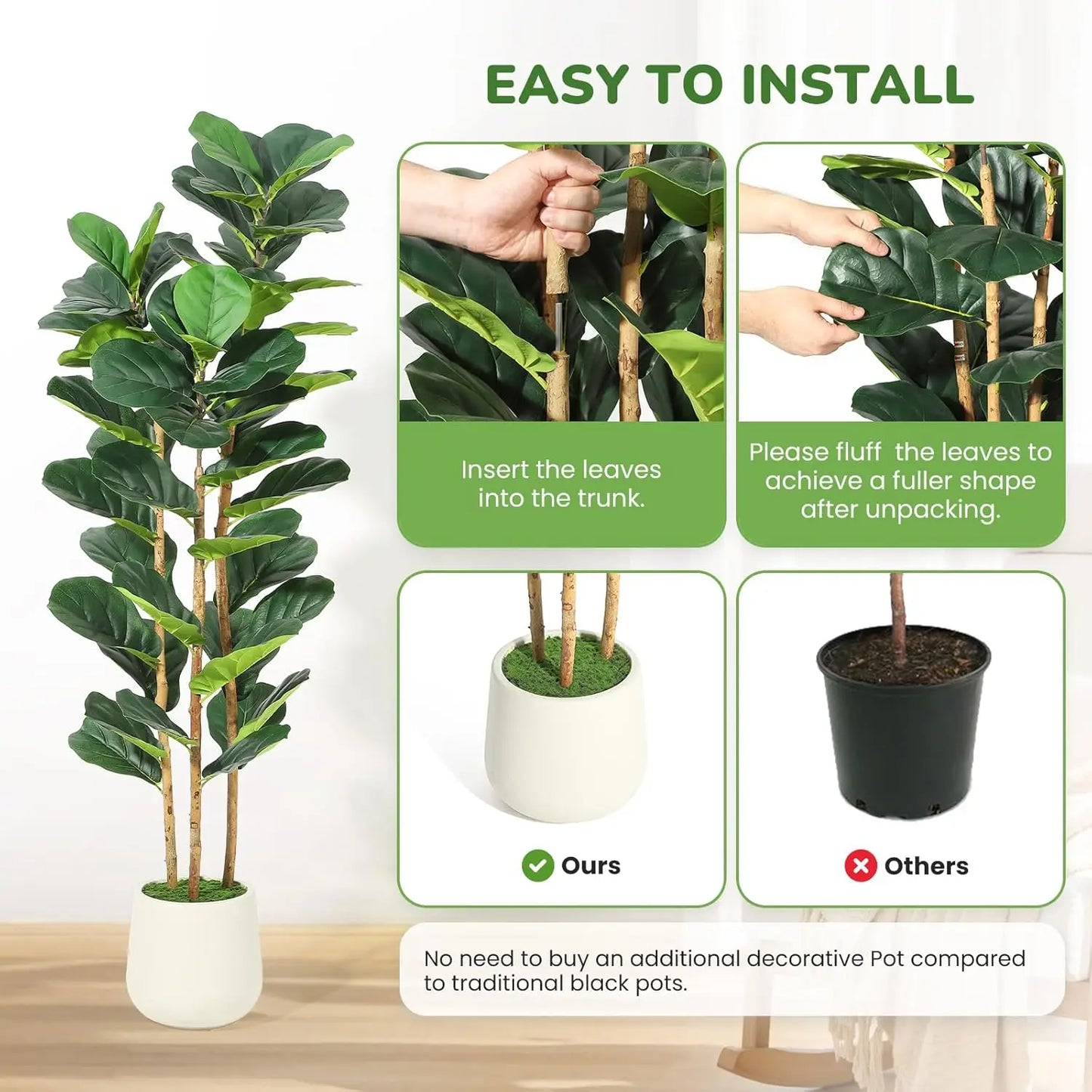 HiMISSCN Fiddle Leaf Fig Tree With Pot Artificial Indoor Plant
