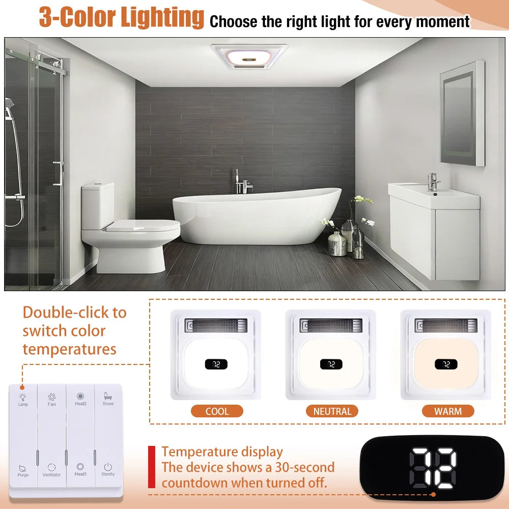 4-In-1 Bathroom Exhaust Fan With Bluetooth Speaker 1800W Heater
