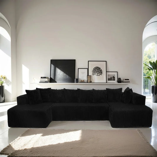 U Shaped Sectional Sofa With Corduroy Fabric Customizable Living Room