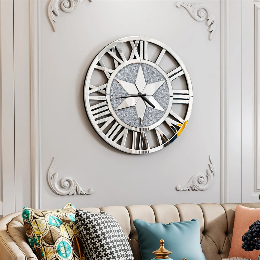 Large Mirrored Round Wall Clock With Beveled Roman Numerals
