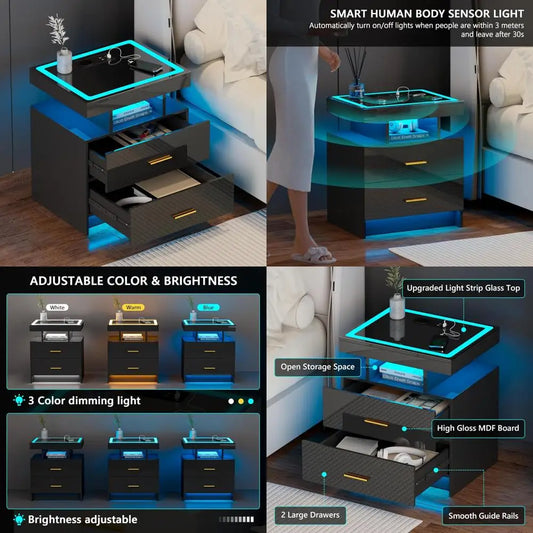 Wireless Charging LED Nightstand With Smart Storage And RGB Lighting