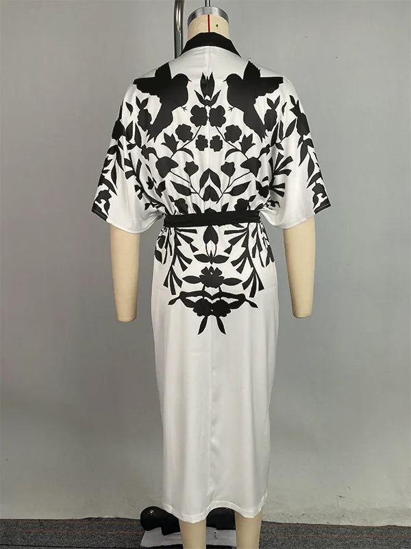OSHOPLIVECN Flower Print A Line Dress V Neck Midi