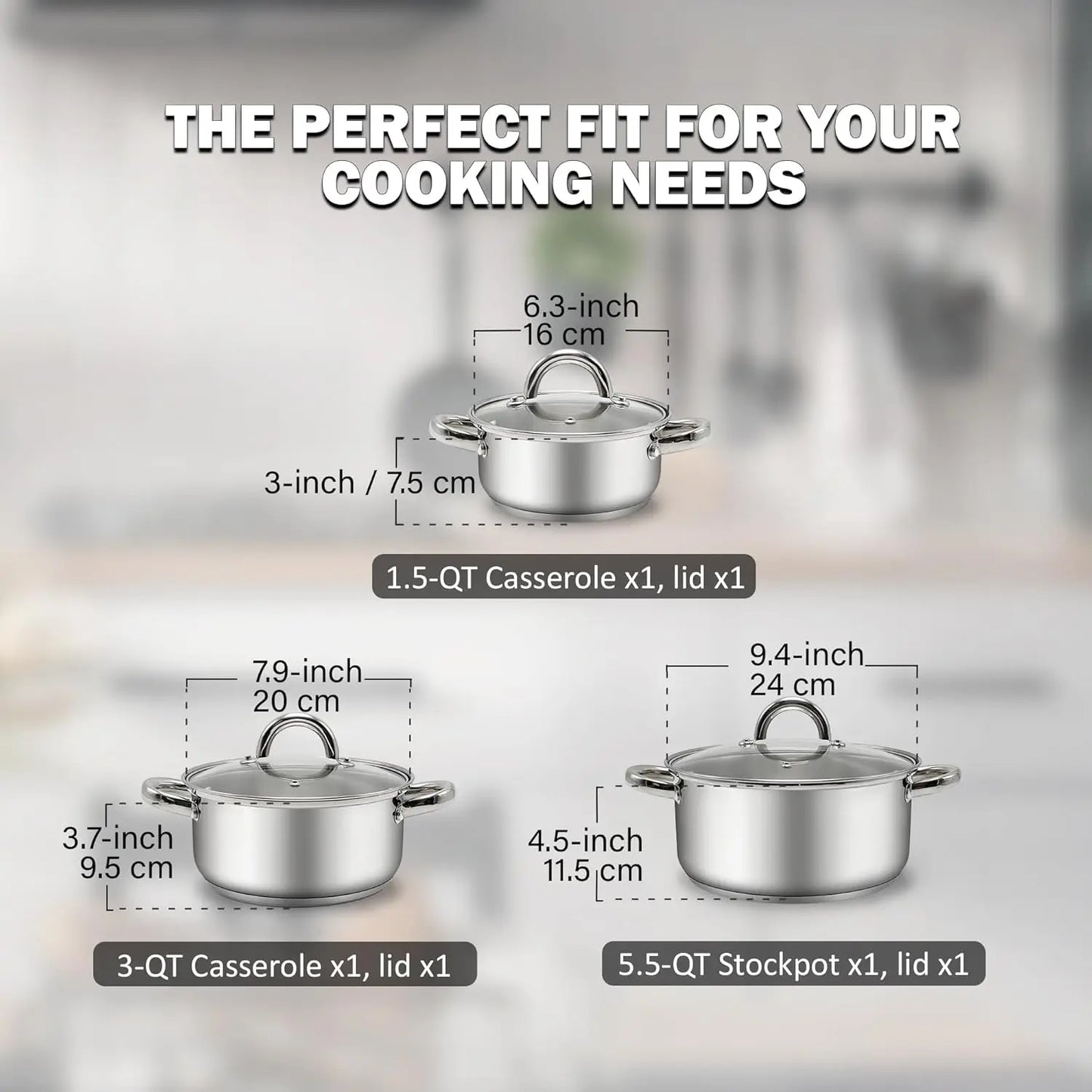 Stainless Steel Stock Pot Set With Glass Lids For Induction