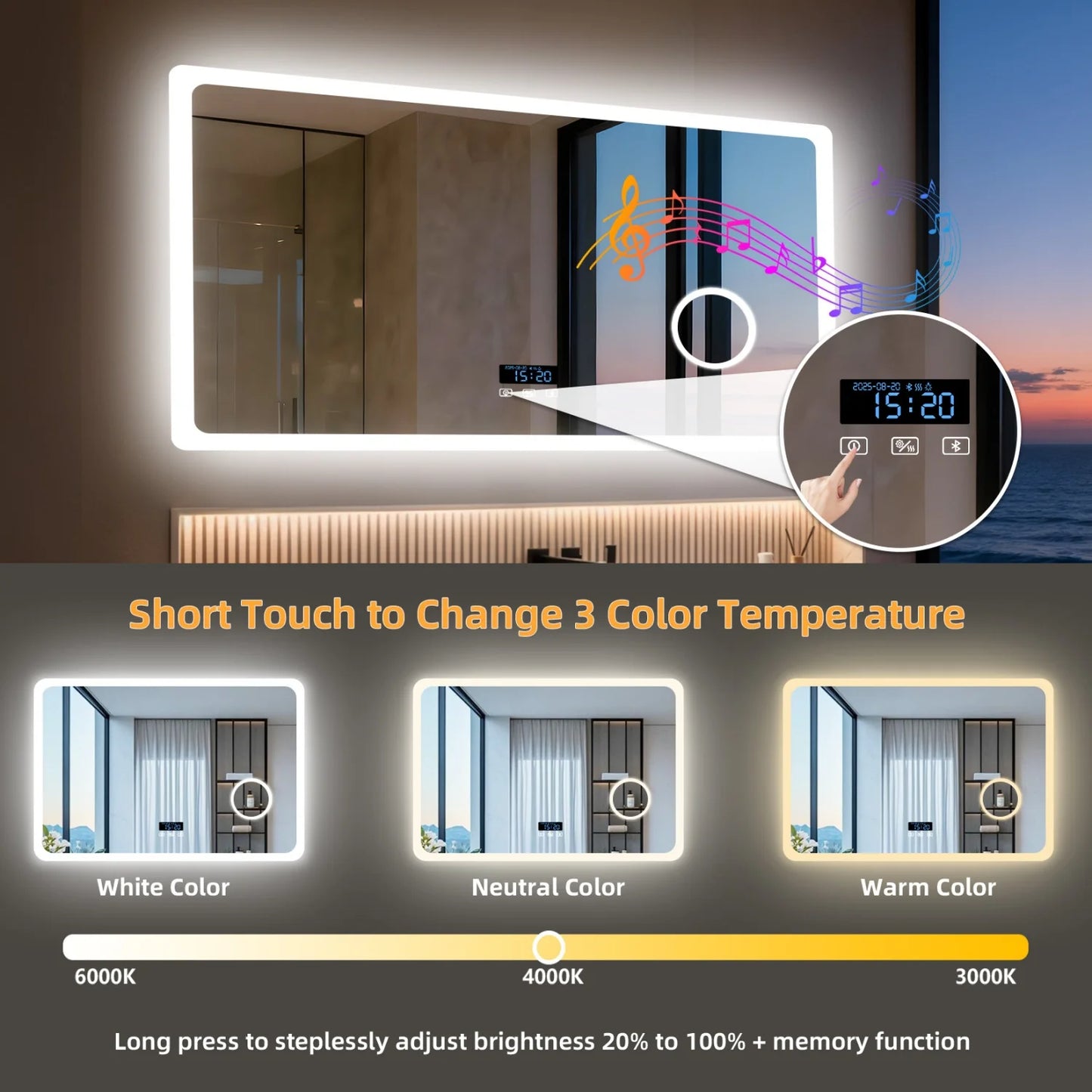 LED Bathroom Mirror With Bluetooth Dimmable Backlit 3X Magnifier Display