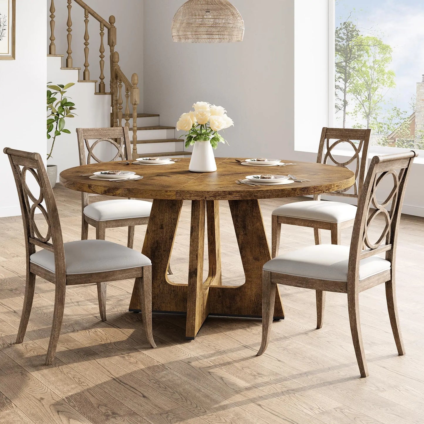 Round Wooden Farmhouse Dining Table For Four To Six People