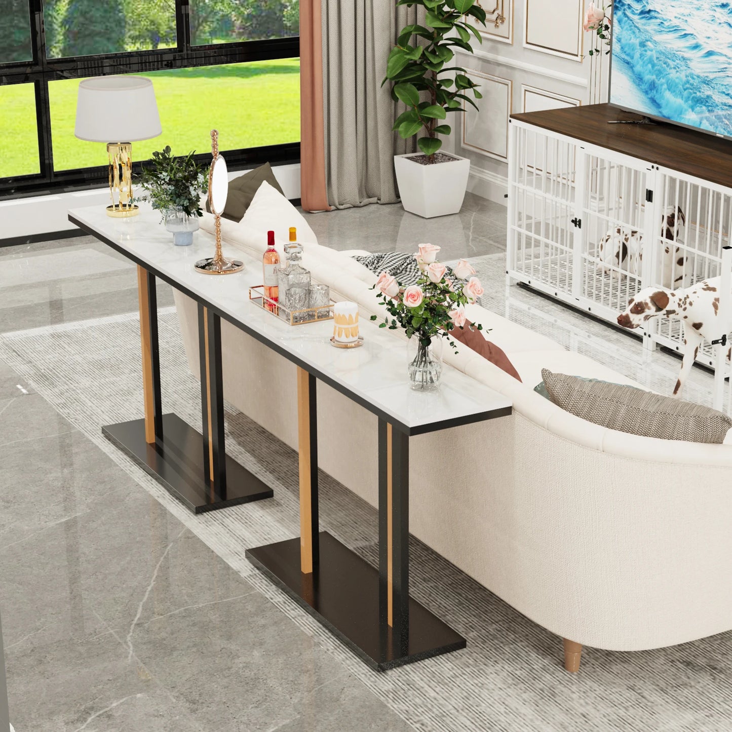 BINGOPAW Contemporary Console Table With Stone Top And Pedestal