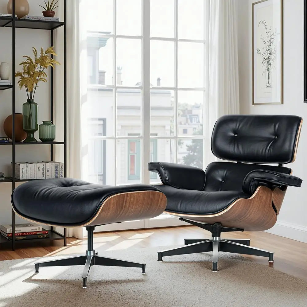 Mid Century Leather Armchair Lounge Chair Ottoman For Living Room