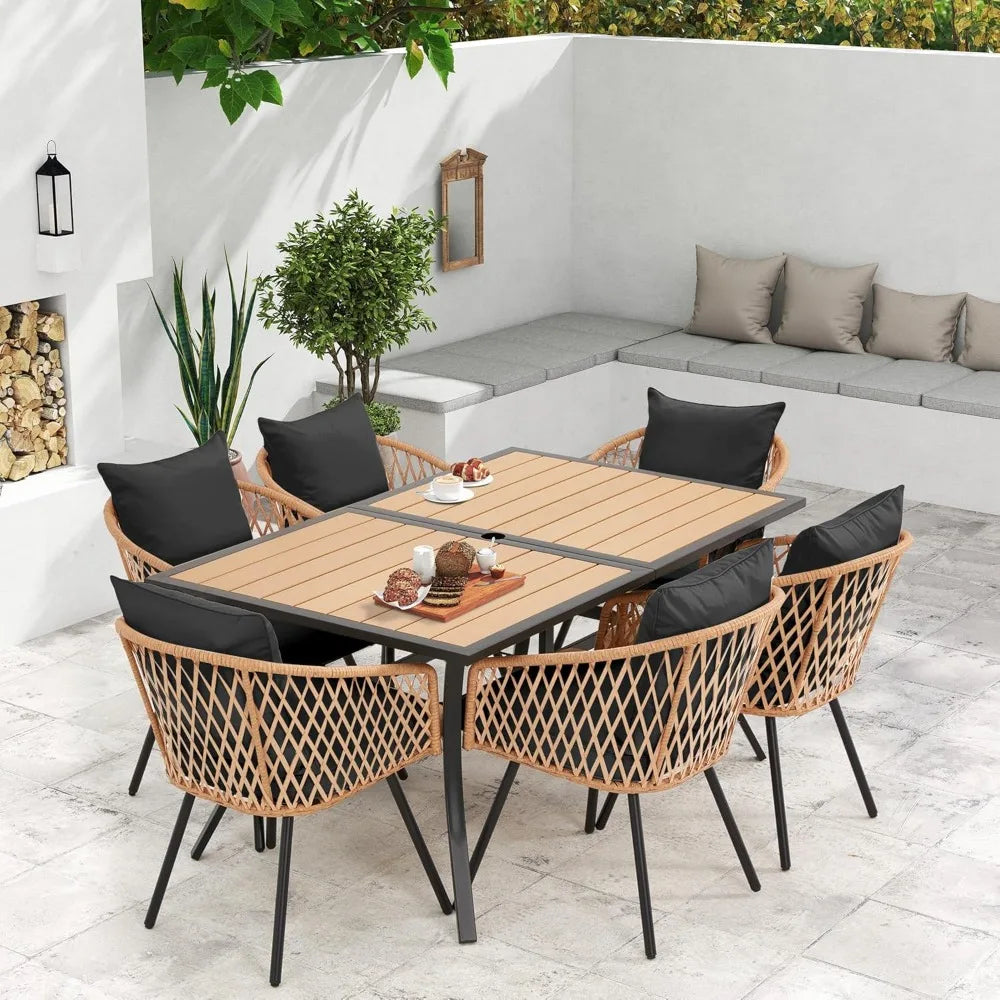 All Weather Rattan Dining Set With Wood Table Umbrella Hole