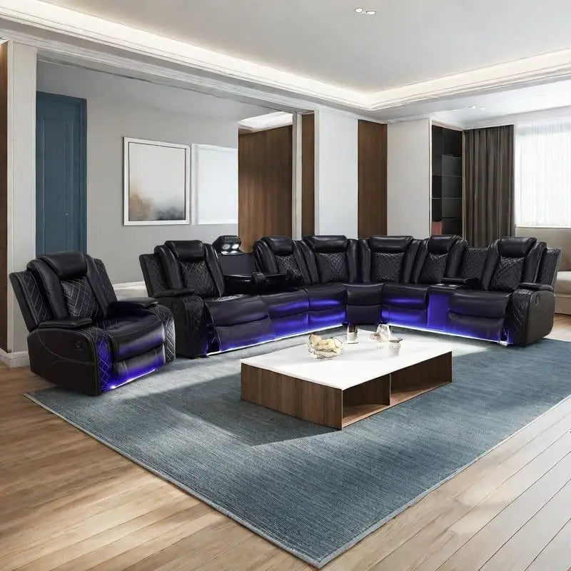 Power Recliner Sofa Sectional With LED Light And Air Leather