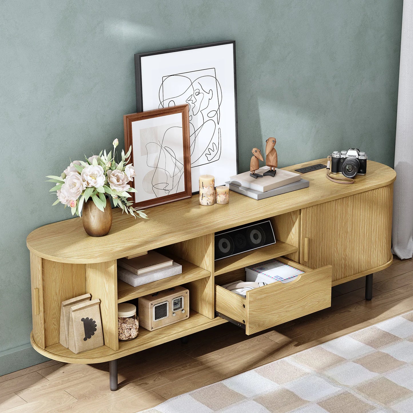 TV Stand With Power Outlet And Storage, Modern TV Console
