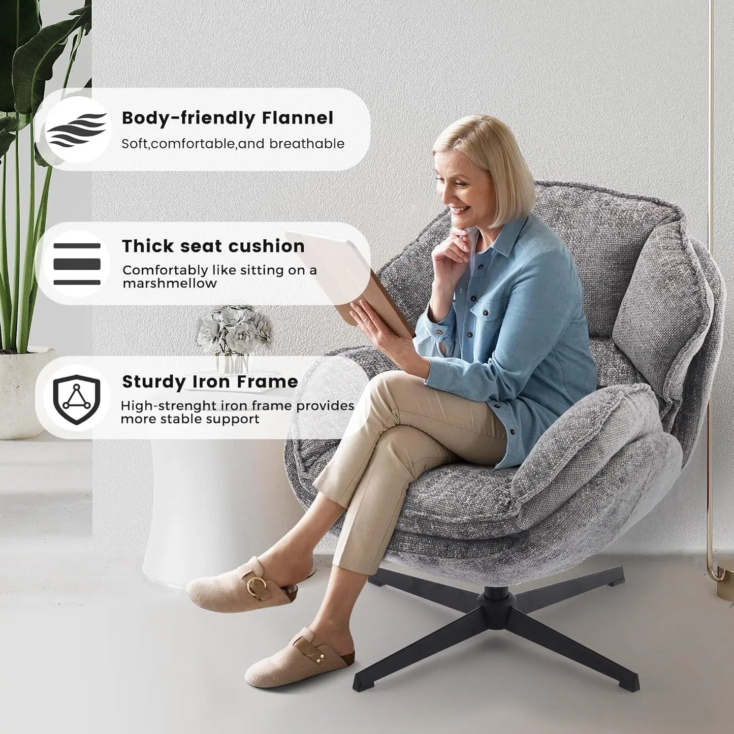 Swivel Accent Chair With Upholstered Armchair And Metal Legs
