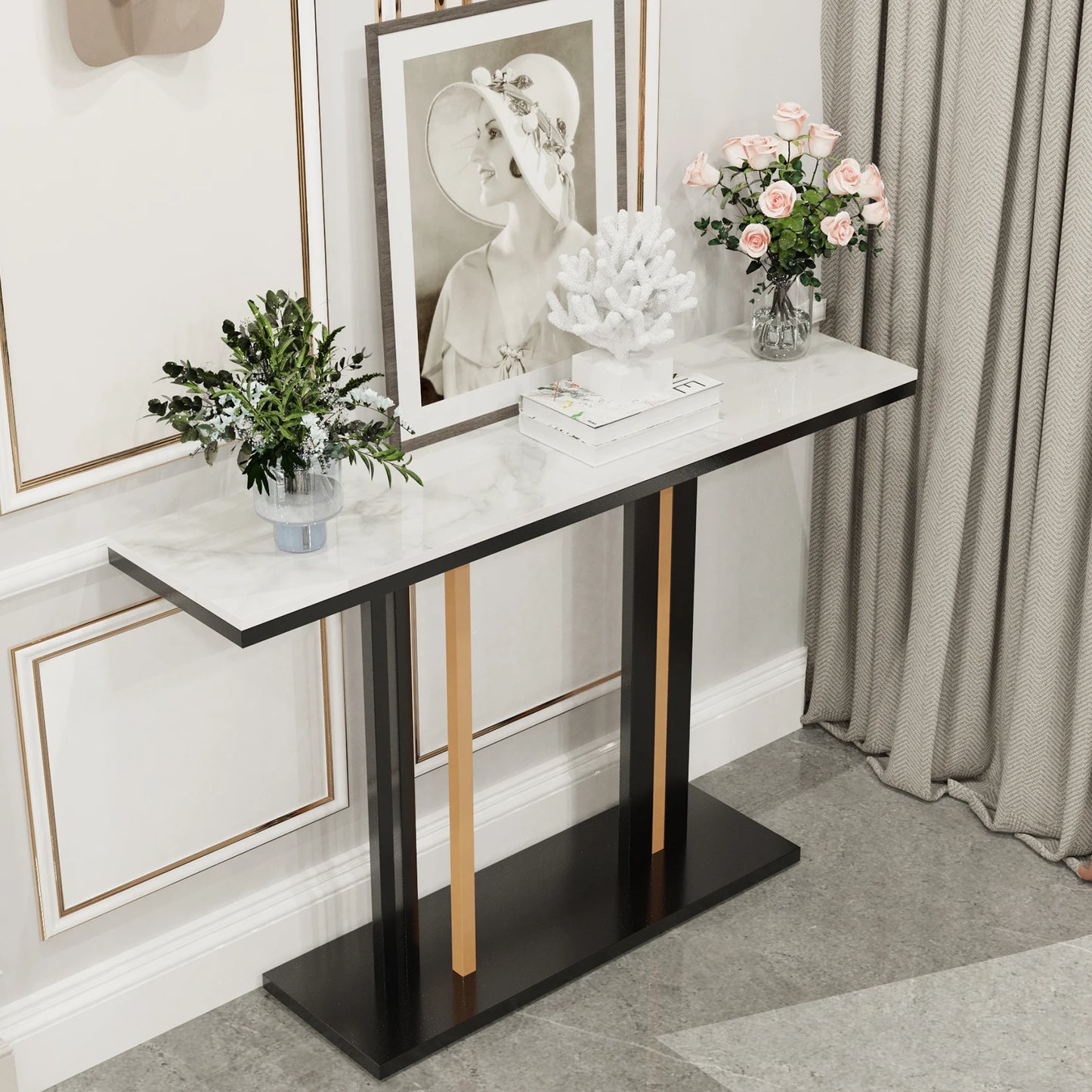 BINGOPAW Contemporary Console Table With Stone Top And Pedestal