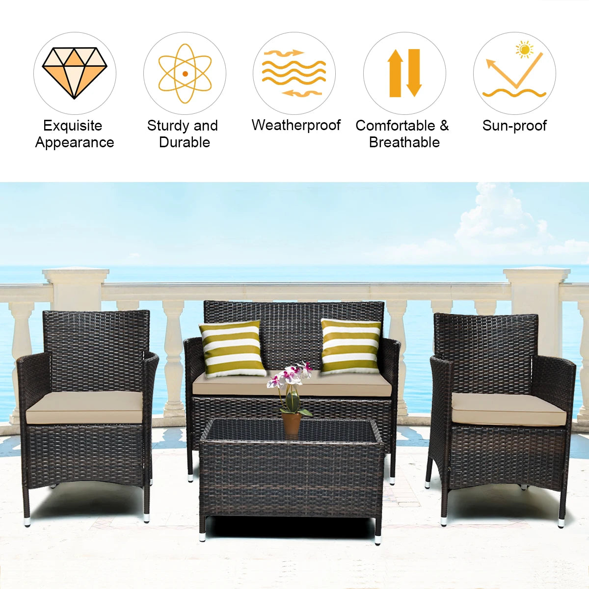 HOMASIS 4 Piece Rattan Patio Furniture Set With Cushioned Seating