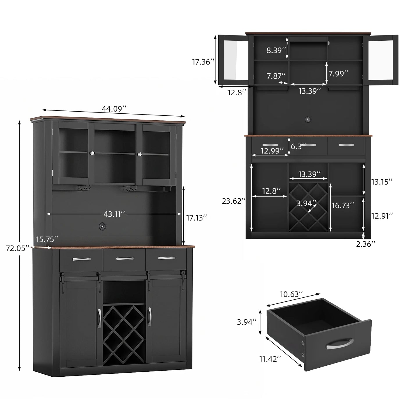 VOWNER Farmhouse Bar Cabinet With Sliding Barn Doors And Wine Glass Racks