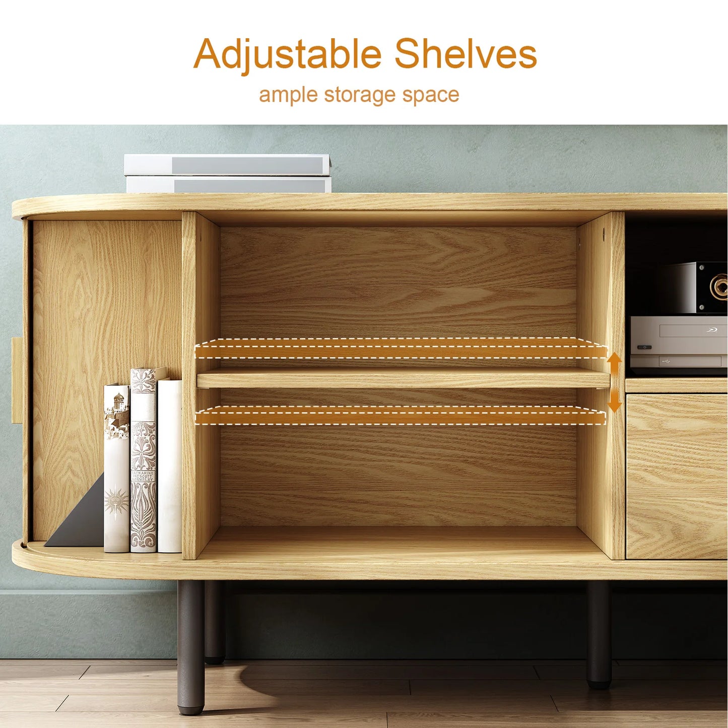 TV Stand With Power Outlet And Storage And Adjustable Shelves