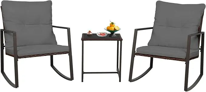 3-Piece Patio Bistro Set With Glass Coffee Table And Wicker Rocking Chairs