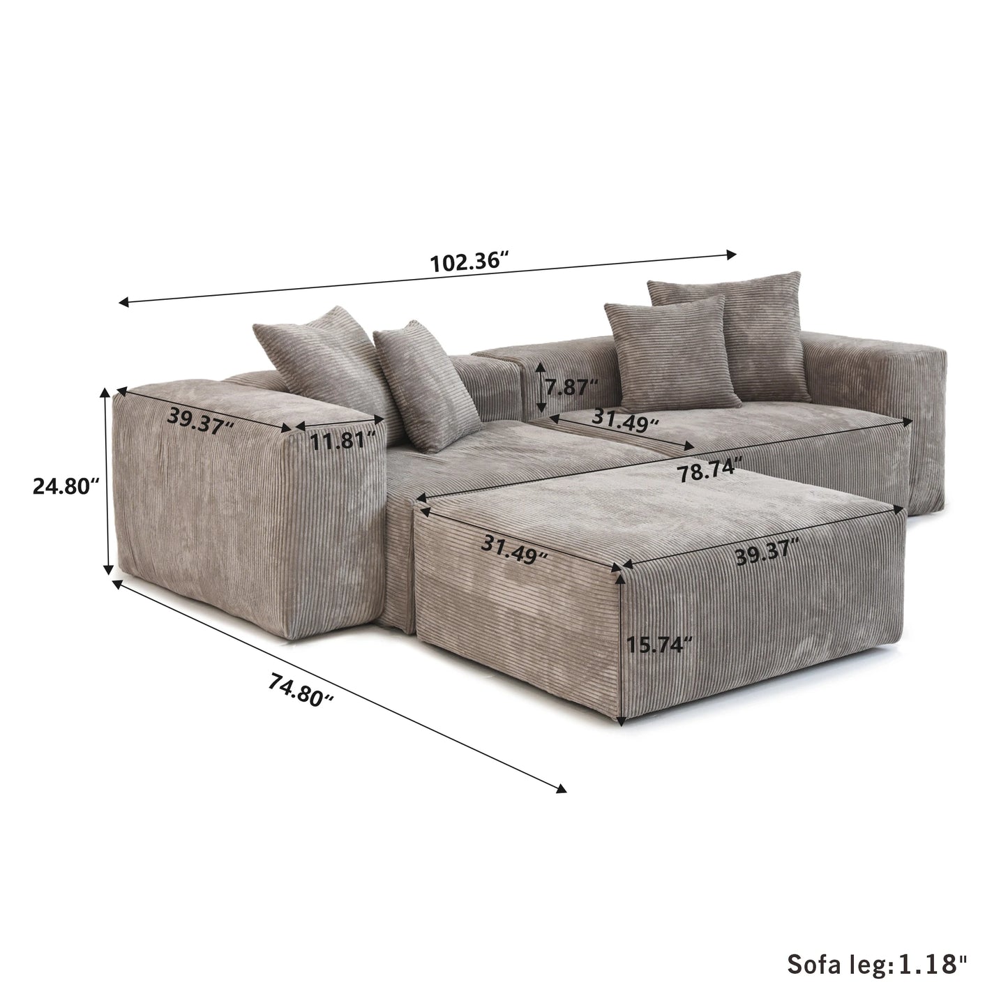 Sdorens Modern Corduroy L Shaped Sofa With Chaise And 4 Pillows
