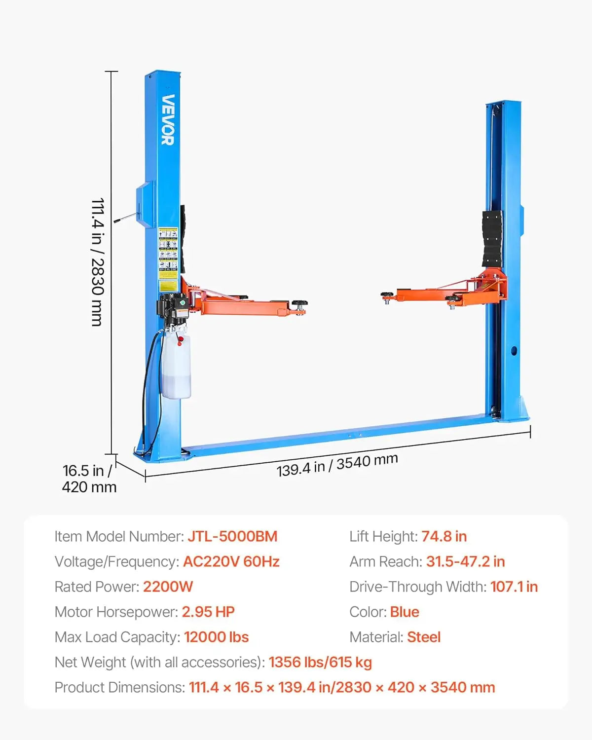 Two Post Car Lift 12000 Lb Capacity 220V 2.95 Horsepower