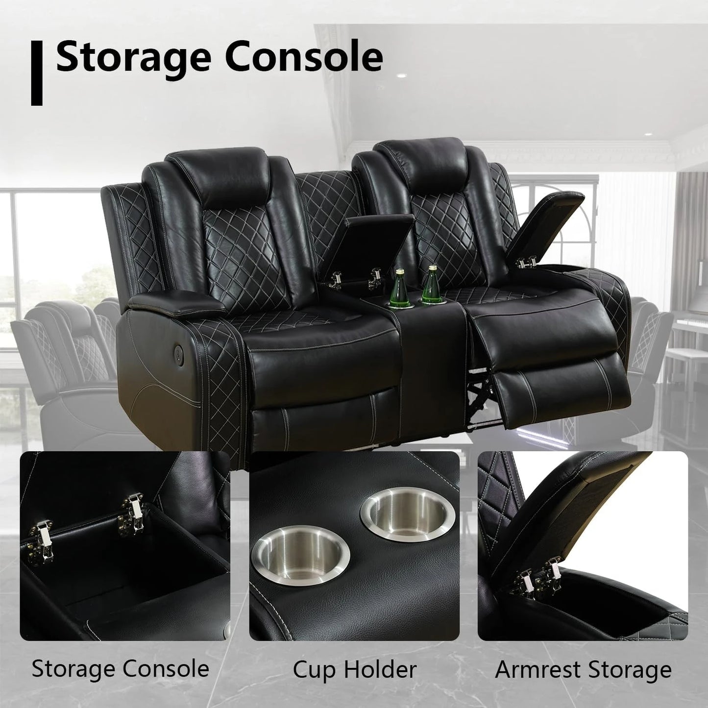 Power Recliner Sofa Set With LED Light Leather Reclining Sofa And Loveseat