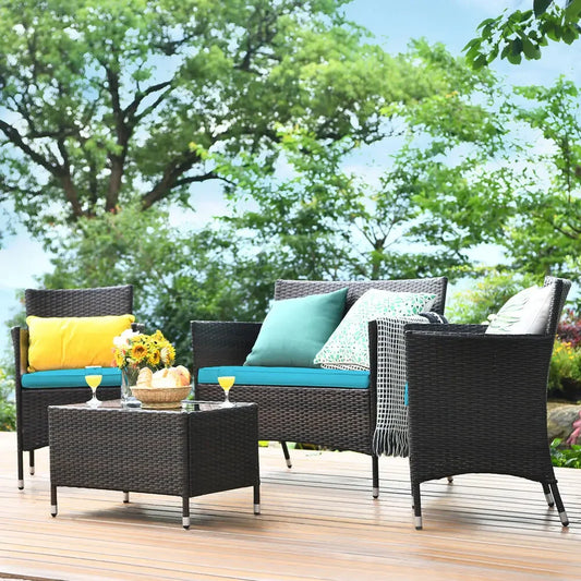 4 Piece Patio Rattan Conversation Furniture Set Outdoor Cushions Included