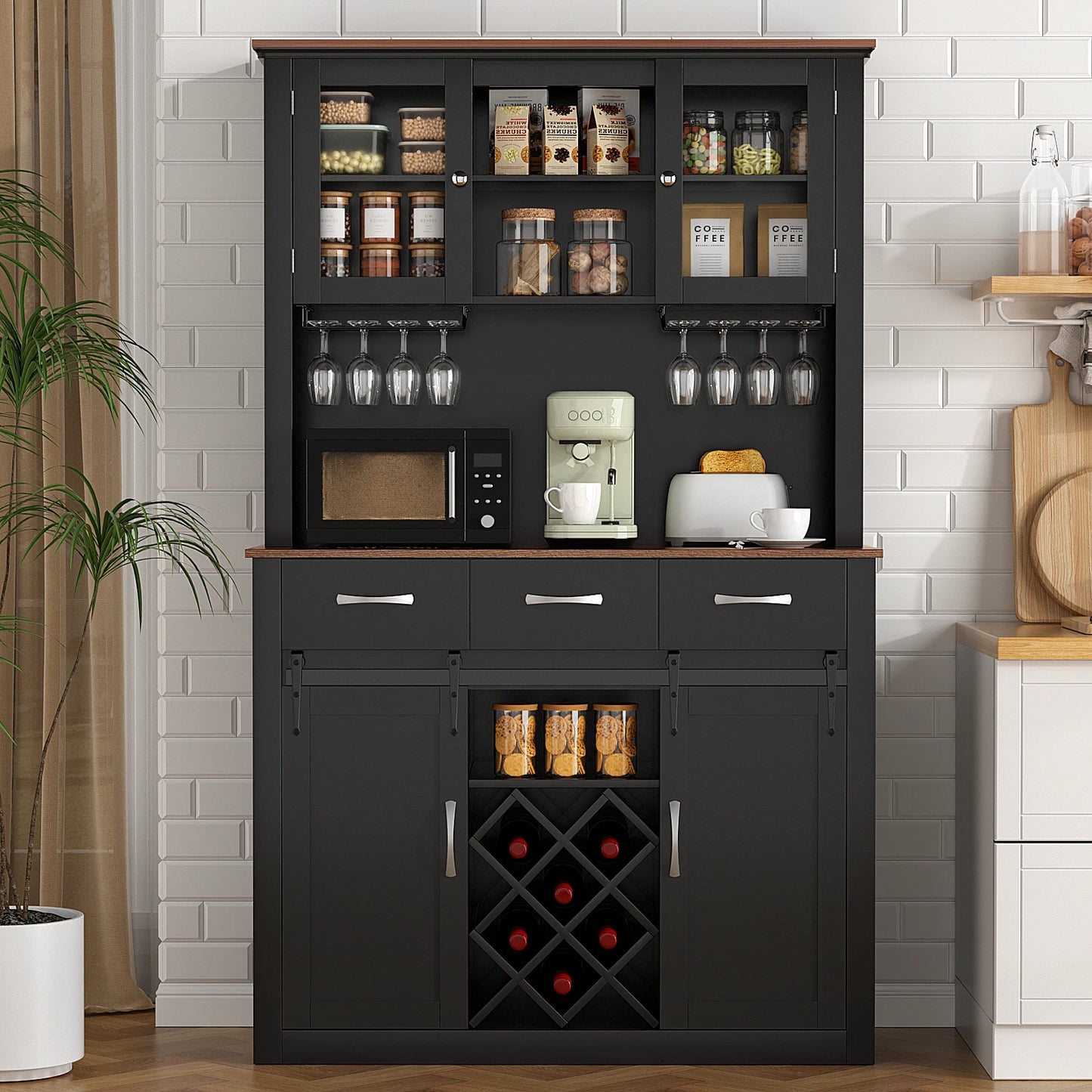 VOWNER Farmhouse Bar Cabinet With Sliding Barn Doors And Wine Glass Racks