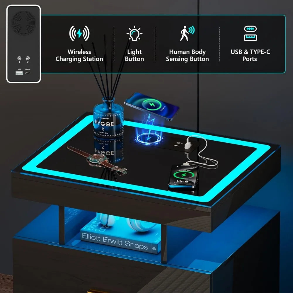 Wireless Charging LED Nightstand With Smart Storage And RGB Lighting